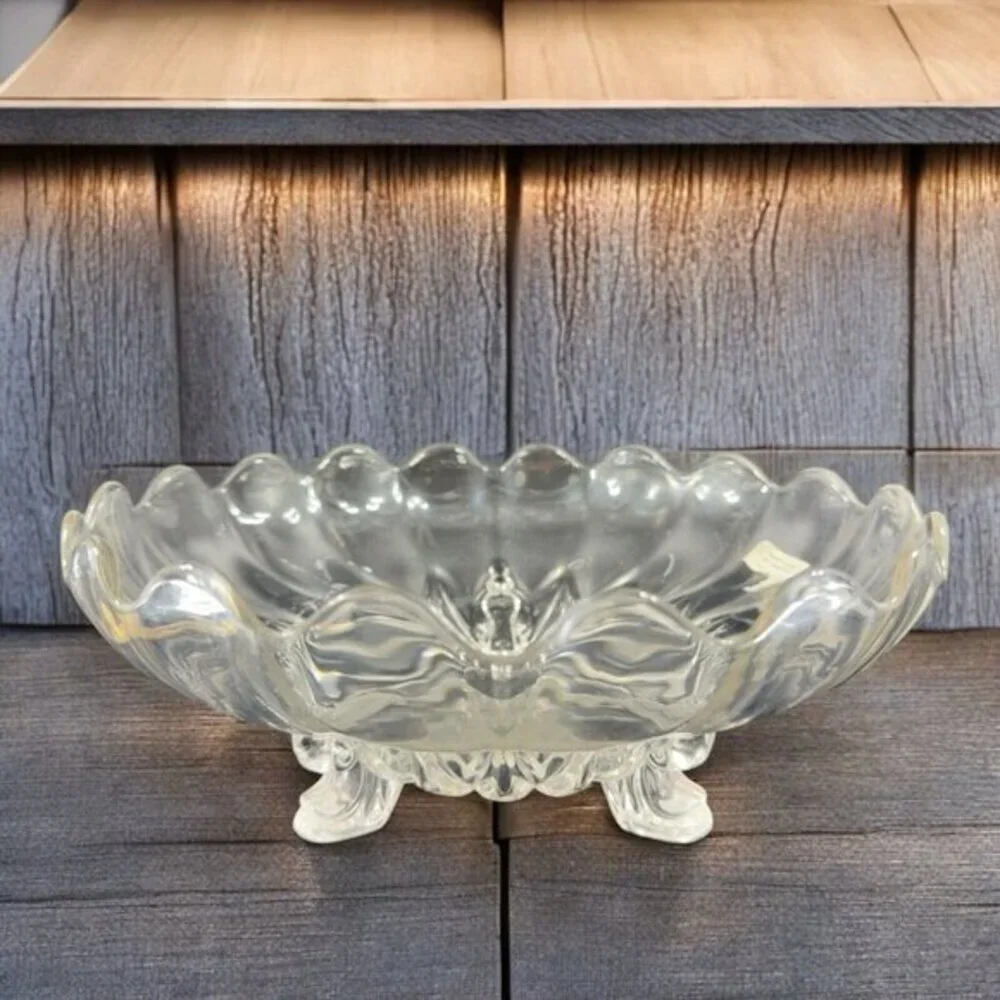 Antique Clear 3 Footed Bowl Dish Janice Glass Green‎ UV Manganese 365nm Glowing
